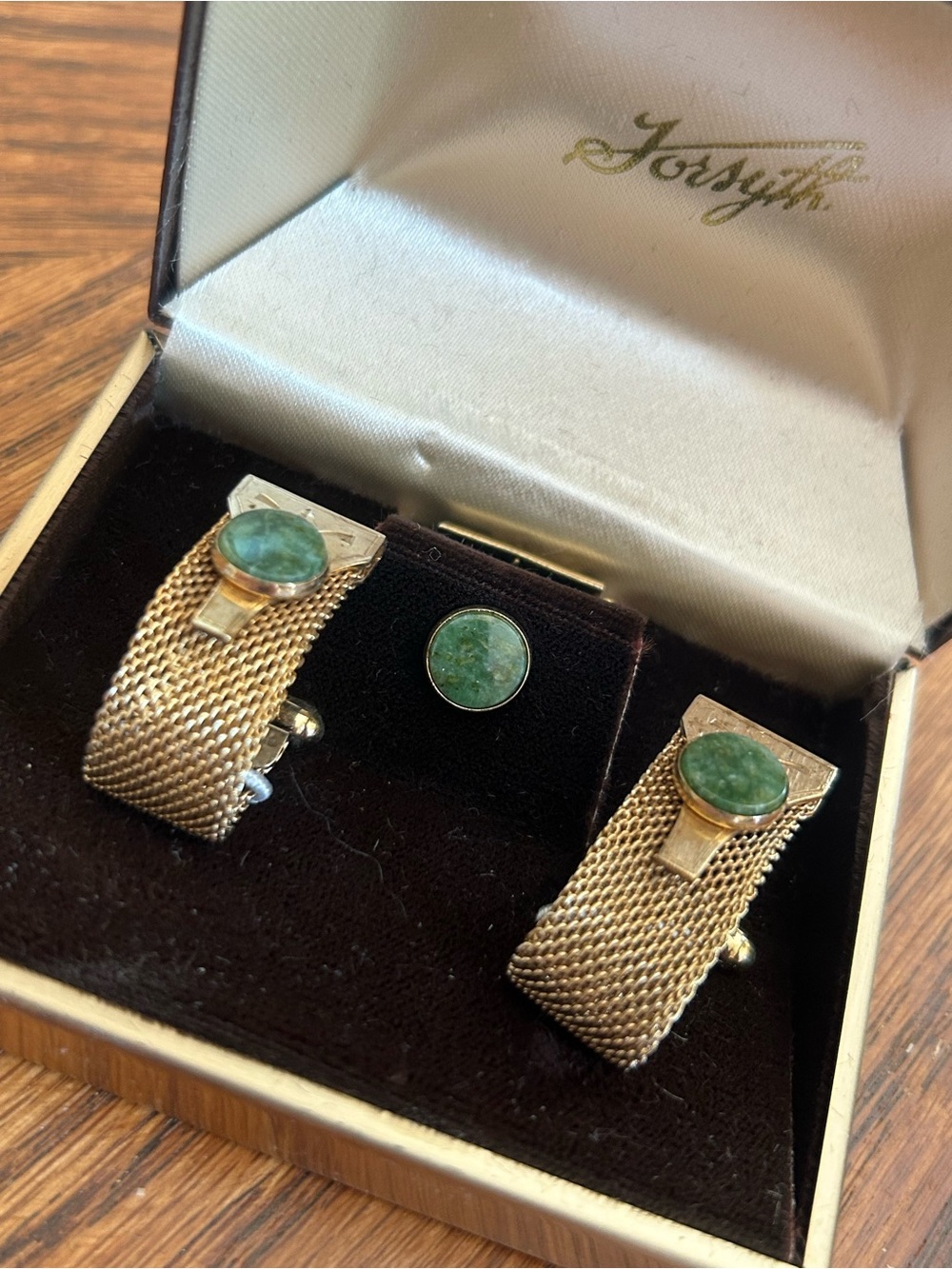 Vintage Anson Gold Mesh Wrap Around Cufflinks & Tie Tack Set Genuine Green Jade